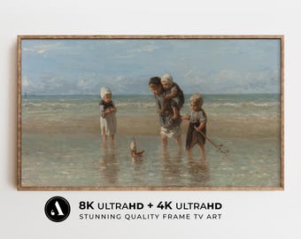 Arte de TV con marco de playa de verano / Pintura de paisaje costero vintage: Niños del mar / Descarga digital 4k y 8k / Paisaje marino para guardería / por ARTEDYA