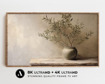 Vintage Still Life: Vase, Olive Branch | Neutral Tone | Digital Download | Samsung Frame TV Art | Collection 'Tranquil Stillness' by ARTEDYA
