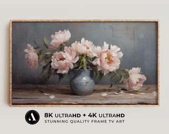 Arte de TV con marco de primavera / Bodegón floral vintage: Peonías rosas en jarrón azul, pintura al óleo / Descarga digital botánica 4k y 8k / por ARTEDYA