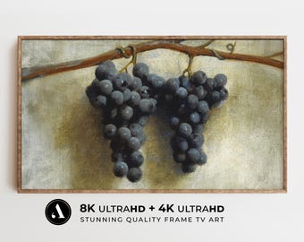 Cuadro de otoño con arte de TV, bodegón con uvas de vino, fruta otoñal, uvas azules, arte para salvapantallas de TV, por ARTEDYA
