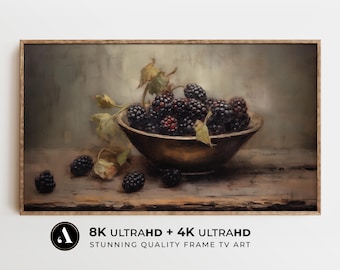Cuadro de otoño para televisión: Naturaleza muerta con moras en un cuenco (pintura al óleo) / Arte de otoño para televisión: Dark Academia / Descarga digital en 4K y 8K / por ARTEDYA