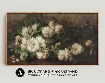 Marco de TV con rosas blancas vintage, naturaleza muerta / Descarga digital 8K y 4K / Pintura botánica antigua para TV / por ARTEDYA