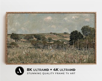 Cuadro de primavera para TV con diseño de prado, paisaje vintage campestre, decoración de casa de campo o cabaña, pintura al óleo de campos de verano para TV, de ARTEDYA