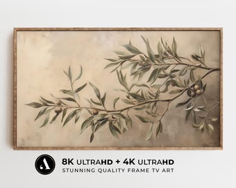 オリーブの枝の絵画 | オリーブの木の植物アート | 落ち着いた色彩