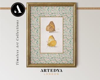 Decoración infantil vintage en tonos neutros: Mariposa amarilla / Lámina decorativa imprimible / Diseño botánico floral mate con mariposas / Descarga digital / por ARTEDYA