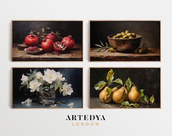 Conjunto de arte para TV con marco, bodegón vintage, pintura al óleo, Dark Academia: oliva, pera, granada, peonía, decoración clásica para el hogar, de ARTEDYA