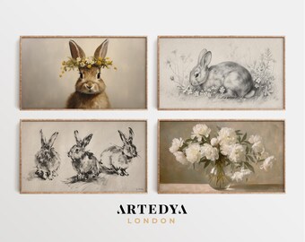 Conjunto de cuatro cuadros de conejito de Pascua vintage para televisión, marco de primavera, conejo o liebre de Pascua, de ARTEDYA