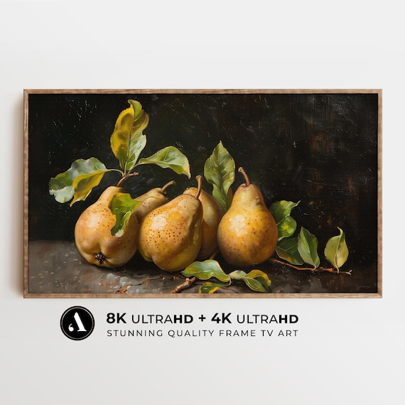 フルーツの静物画 - ヴィンテージ ナシの油絵 | ダーク