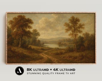 May include: A framed painting of a landscape scene with a lake, trees, and a dirt path leading into the distance. The painting is in a rustic style with warm brown and green tones.