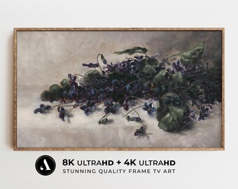 Arte de TV con marco de primavera: Naturaleza muerta vintage con violetas dulces / Pintura digital floral 8K y 4K / Arte botánico antiguo para TV / por ARTEDYA