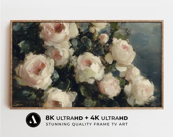Arte de TV con marco de primavera: Bodegón de rosas blancas en flor / Pintura de rosas en flor en 8 y 4K para TV / Botánico antiguo oscuro / por ARTEDYA