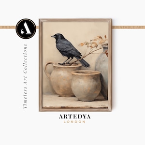 May include: A black crow perched on a branch, with two brown ceramic pots in the background. The crow is looking to the left of the image. The background is a light beige color.