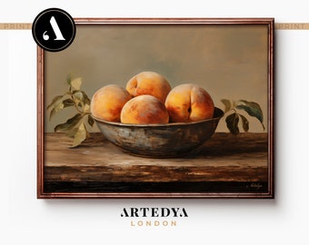 Moody Vintage Fruit Still Life: Peaches Oil Painting | Printable Wall Art - Digital Download | Collection 'Tranquil Stillness' by ARTEDYA