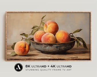 Arte de TV con marco: Bodegón vintage: Melocotones, pintura al óleo / Tonos neutros / Pintura de frutas para salvapantallas de TV / Descarga digital / por ARTEDYA