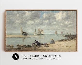 Marco de playa de verano para TV, arte marino, paisaje playero vintage, decoración costera, náutica o playera, pintura al óleo para TV, de ARTEDYA