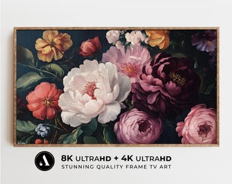 Marco de verano para TV con peonías rosas en flor / Pintura floral ecléctica en 8 y 4K para TV / Dark Academia Antique Botanical / por ARTEDYA