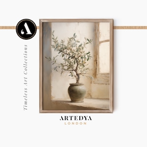 Pode incluir: Uma pintura de uma oliveira em vaso num quarto com uma janela. A árvore está num vaso verde e o quarto está pintado em tons quentes.