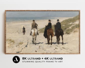 Arte de TV con marco de playa de verano / Pintura de paisaje costero vintage: Paseo matutino / Descarga digital 4k y 8k / Paisaje marino con caballos / por ARTEDYA