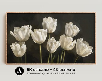 Arte de TV con marco de primavera: Tulipanes blancos / Arte de TV floral en blanco y negro / Pintura al óleo botánica vintage melancólica / Colección 'Botanique' de ARTEDYA