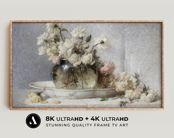 Rosas blancas vintage en jarrón, pintura al óleo neutra / Descarga digital UHD 8K y 4K / Arte de TV con marco de primavera / Decoración rústica para el hogar / por ARTEDYA