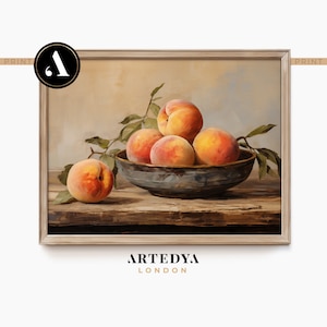 Moody Vintage Fruit Still Life: Peaches Oil Painting | Printable Wall Art - Digital Download | Collection &#39;Tranquil Stillness&#39; by ARTEDYA