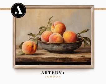 Moody Vintage Fruit Still Life: Peaches Oil Painting | Printable Wall Art - Digital Download | Collection 'Tranquil Stillness' by ARTEDYA
