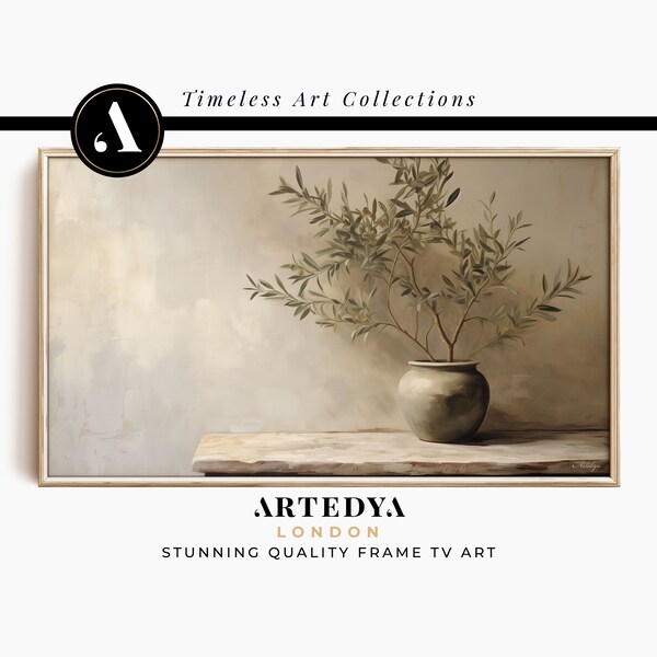 Vintage Still Life: Vase, Olive Branch | Neutral Tone | Digital Download | Samsung Frame TV Art | Collection 'Tranquil Stillness' by ARTEDYA