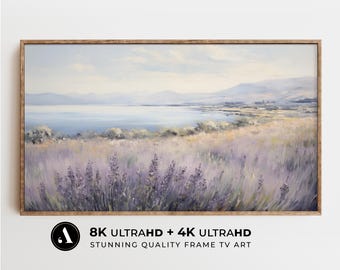 Arte de TV con marco de verano / Paisaje provenzal francés: Pintura al óleo de campo de lavanda / Decoración neutra para el hogar / Cuadro de verano para TV / por ARTEDYA