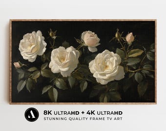 Arte de TV con marco de primavera: Bodegón de rosas blancas en flor / Pintura de rosas en flor en 8 y 4K para TV / Dark Academia Antique Botanical / por ARTEDYA