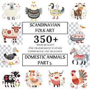 Arte popular escandinavo Animales domésticos caprichosos PNG Clipart Bundle Nordic Svg para camisas acuarela digital curio art Niños Pegatina plr