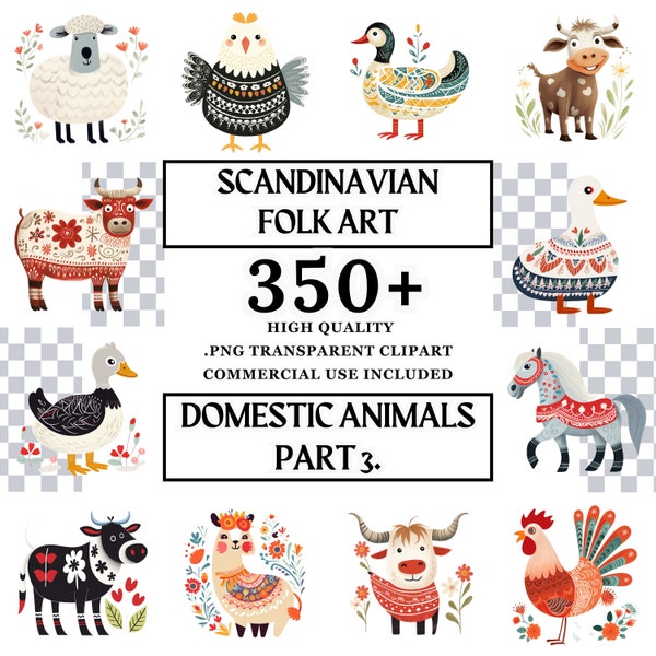 Scandinavian Folk Art Whimsical Domestic Animals PNG Clipart Bundle Nordic Svg for shirts watercolor digital curio art Children Sticker plr