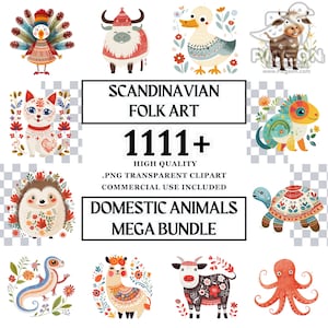 Mega Bundle Scandinavian Folk Art Whimsical Domestic Animals PNG Clipart Nordic Svg for shirts watercolor digital curio art Children Sticker