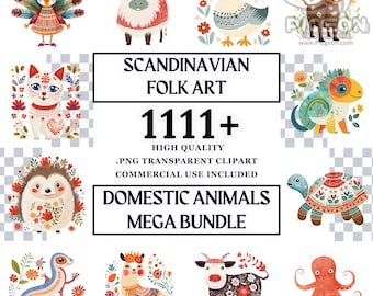 Mega Bundle Scandinavian Folk Art Whimsical Domestic Animals PNG Clipart Nordic Svg for shirts watercolor digital curio art Children Sticker