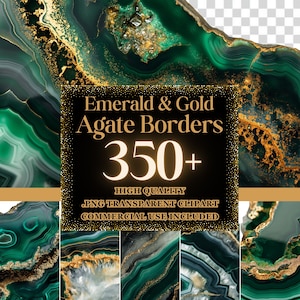 May include: Emerald and gold agate borders, a digital download of over 350 high quality PNG clipart images. Commercial use is included.