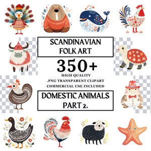Scandinavian Folk Art Whimsical Domestic Animals PNG Clipart Bundle Nordic Svg for shirts watercolor digital curio art Children Sticker plr