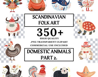 May include: A set of 10 colorful illustrations of Scandinavian folk art animals, including a rooster, a cow, a duck, a sheep, a turtle, a walrus, a starfish, a fish, and a peacock. The illustrations are in a whimsical style with intricate patterns and bright colors.