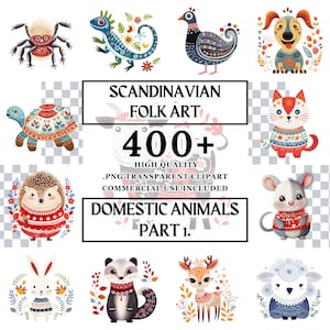 Scandinavian Folk Art Whimsical Domestic Animals PNG Clipart Bundle Nordic Svg for shirts watercolor digital curio art Children Sticker plr