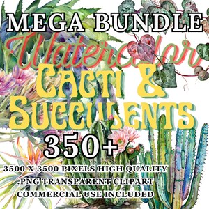 350+ Cactus & Succulents Clipart PNG Floral Svg for shirts watercolor digital curio Mage Bundle Sticker wall art Cacti Monet painting