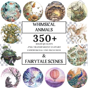 Skurrile Tiere Märchen Szenen PNG Clipart Bundle Nordische Kunst für Shirts Aquarell Kinder Kinder Sticker Kinderbild niedlich plr