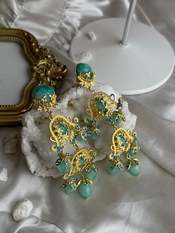 Orecchini In Oro Con Pietre Preziose E Microperle| Gioielli Fatti A Mano In Italia