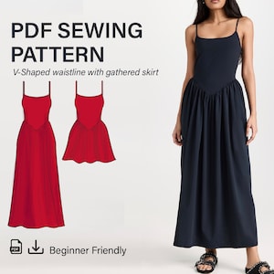 May include: PDF sewing pattern for a V-shaped waistline dress with a gathered skirt. The pattern is beginner friendly.