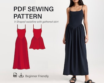 V-Waist Maxi Dress Sewing Pattern, Gathered Skirt (PDF Pattern)