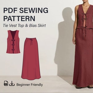 Tie Vest Top and Bias Maxi Slip Skirt Set, Easy Digital Sewing Pattern, Instant Download, Linen Summer Style Size XS-XXL Beginner Friendly