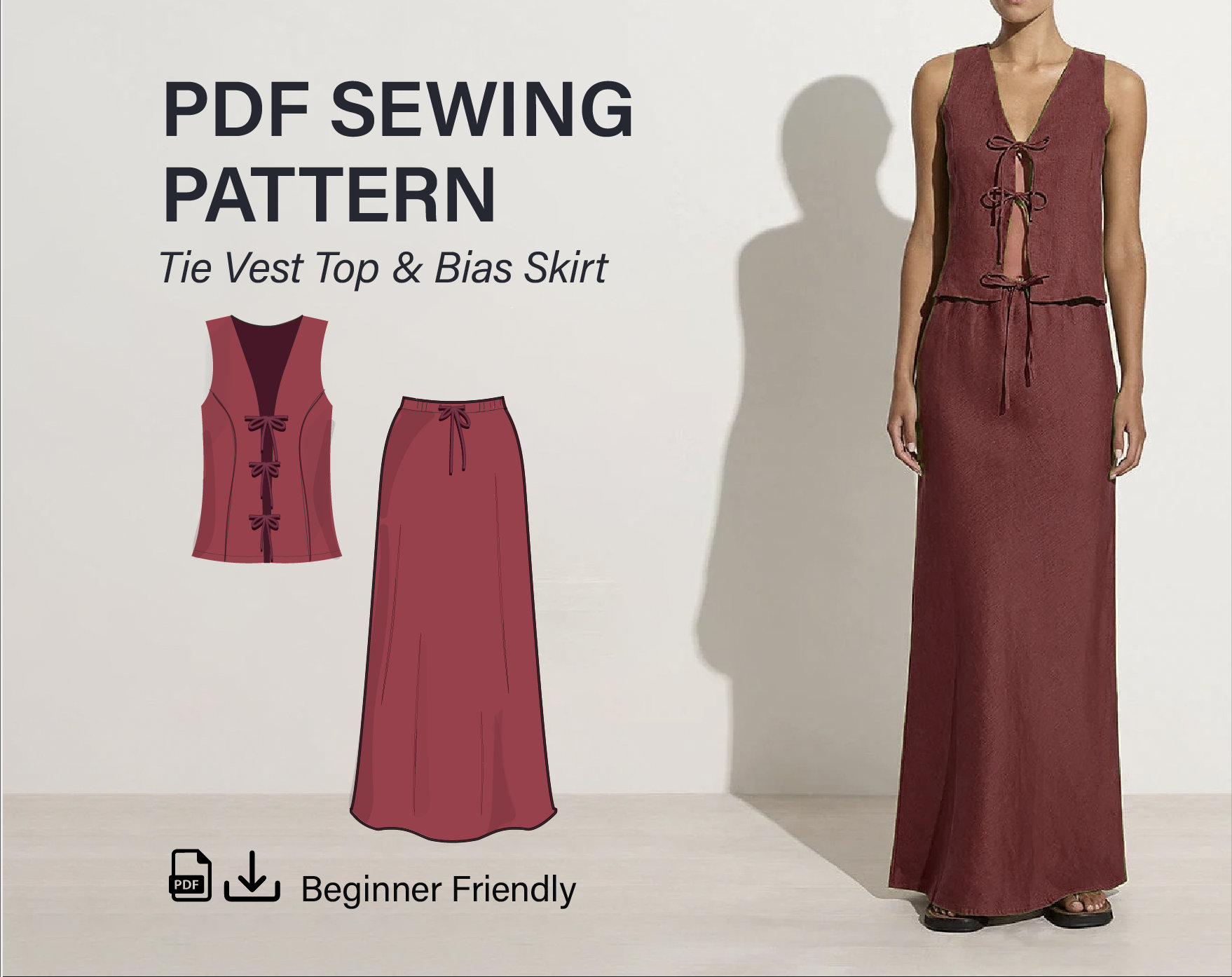 Tie Vest Top and Bias Maxi Slip Skirt Set, Easy Digital Sewing Pattern, Instant Download, Linen Summer Style Size XS-XXL Beginner Friendly