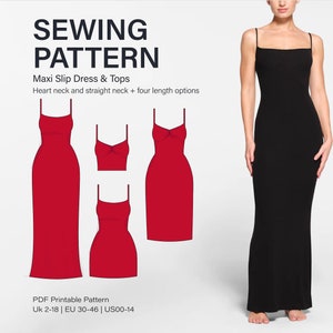 Vestido Maxi Slip Padrão de Costura PDF, Tamanho Reino Unido 2-18, Minivestido Fácil, Cami Top Knit Iniciante, Estilos 8 em 1, Lounge Wear, A4, Carta dos EUA, A0