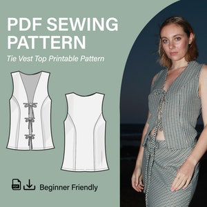 Vest Style Tie Top & Skirt Set, Digital Download, Pdf Sewing Pattern, Front Tie Blouse, Printable Pattern, Summer Dress - Size XS-XXL
