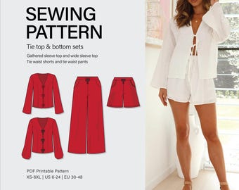 Tie Top Long Sleeve and Shorts Set,  Easy Digital Sewing Pattern, Instant Download, Linen Summer Style Size XS-6XL, Beginner Friendly