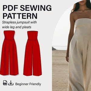 Corset Style Jumpuit Sewing Pattern, Digital Download, PDF Pattern, Strapless Corset, Printable Pattern, Wide Leg Pleated - Size XS-4XL