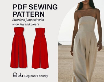 Corset Style Jumpuit Sewing Pattern, Digital Download, PDF Pattern, Strapless Corset, Printable Pattern, Wide Leg Pleated - Size XS-4XL