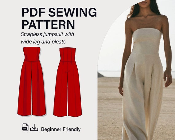 Corset Style Jumpuit Sewing Pattern, Digital Download, PDF Pattern, Strapless Corset, Printable Pattern, Wide Leg Pleated - Size XS-4XL